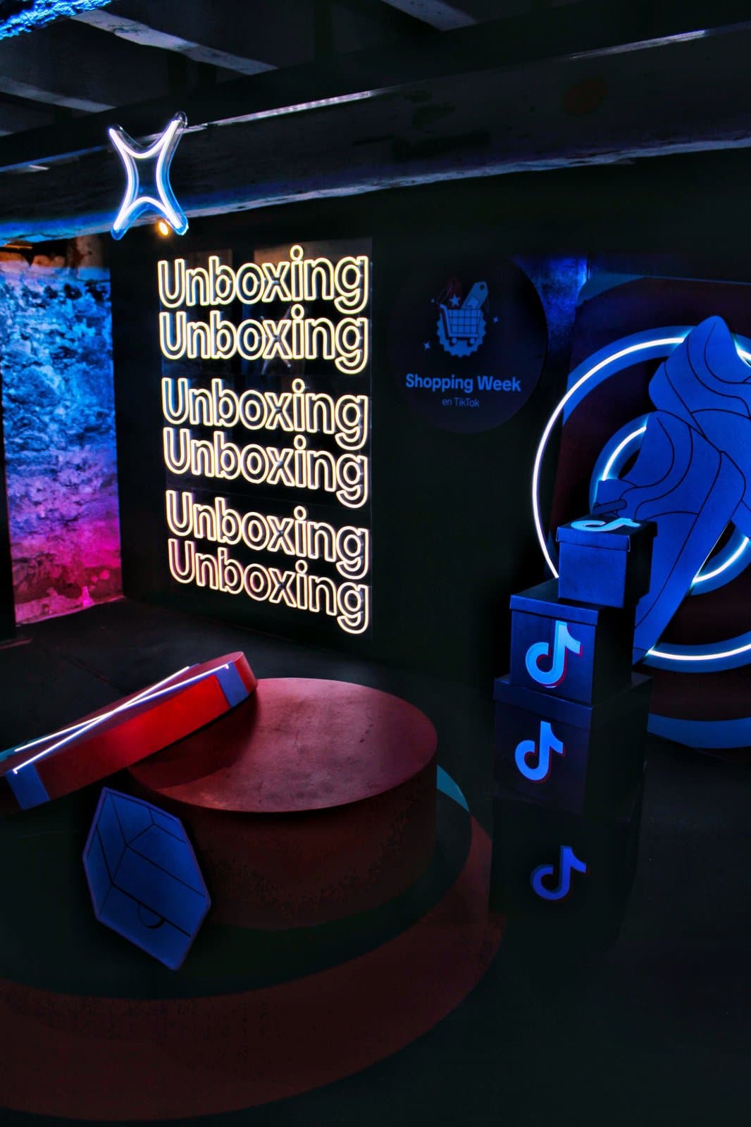Product launch display with dramatic stage lighting