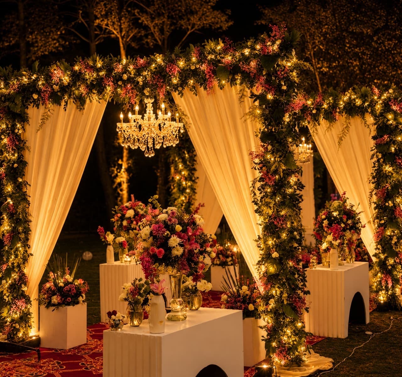 Floral entrance tunnel with chandelier and garden lights