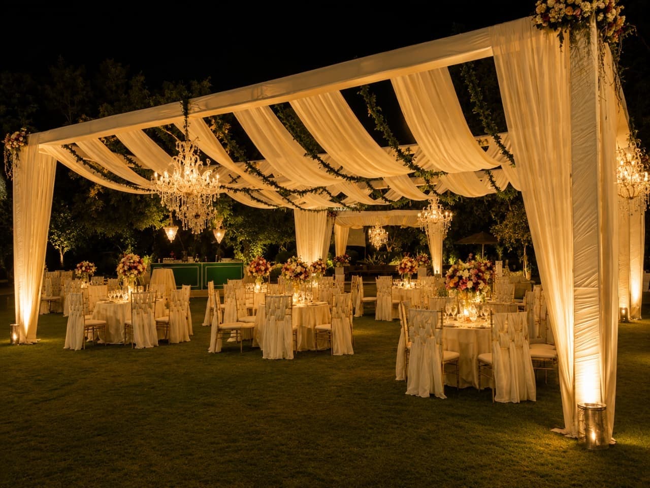 Candlelit mandap with crystal chandeliers