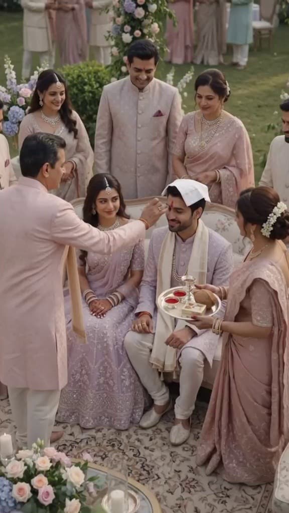 Family blessing the groom in a traditional tilak ceremony